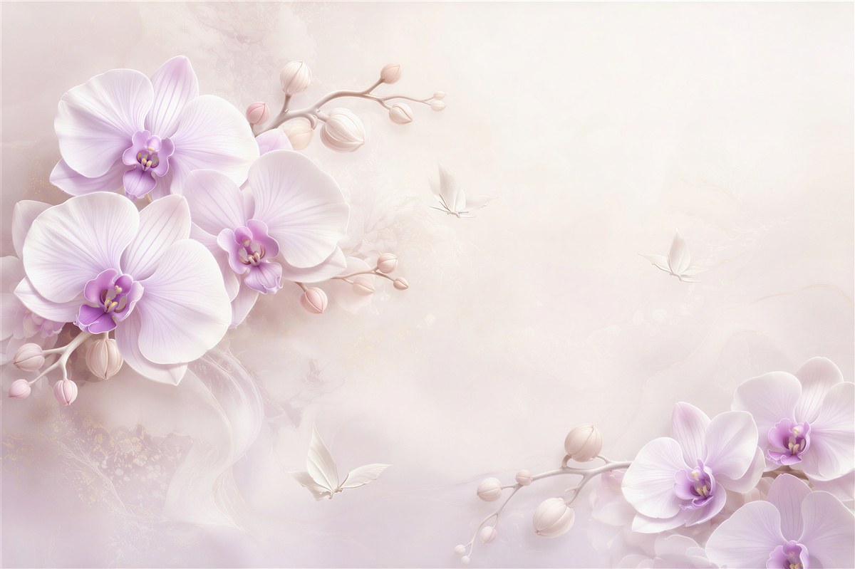 Papier peint orchidées blanches pastel avec des papillons sur fond clair