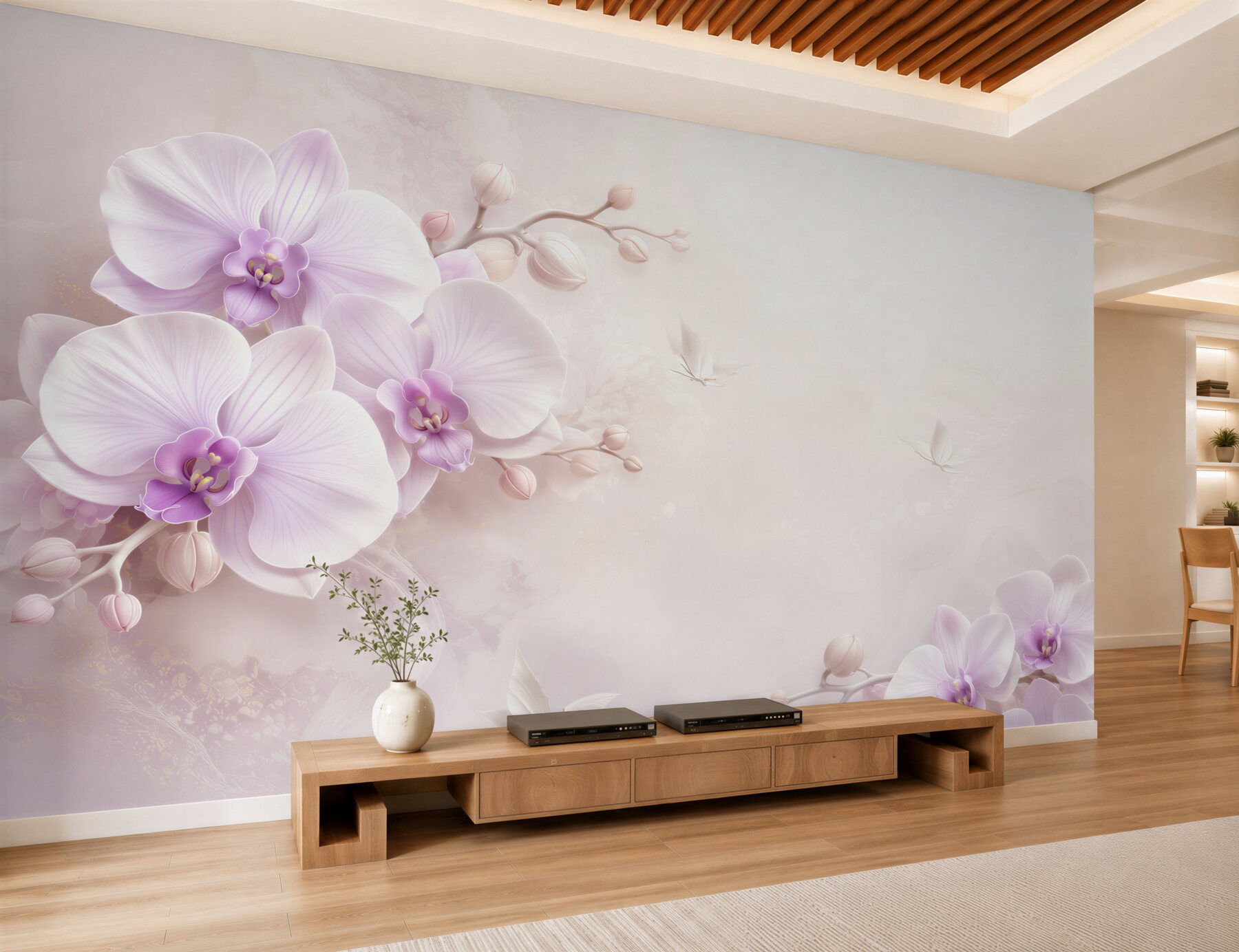 Papier peint orchidées blanches pastel avec des papillons sur fond clair
