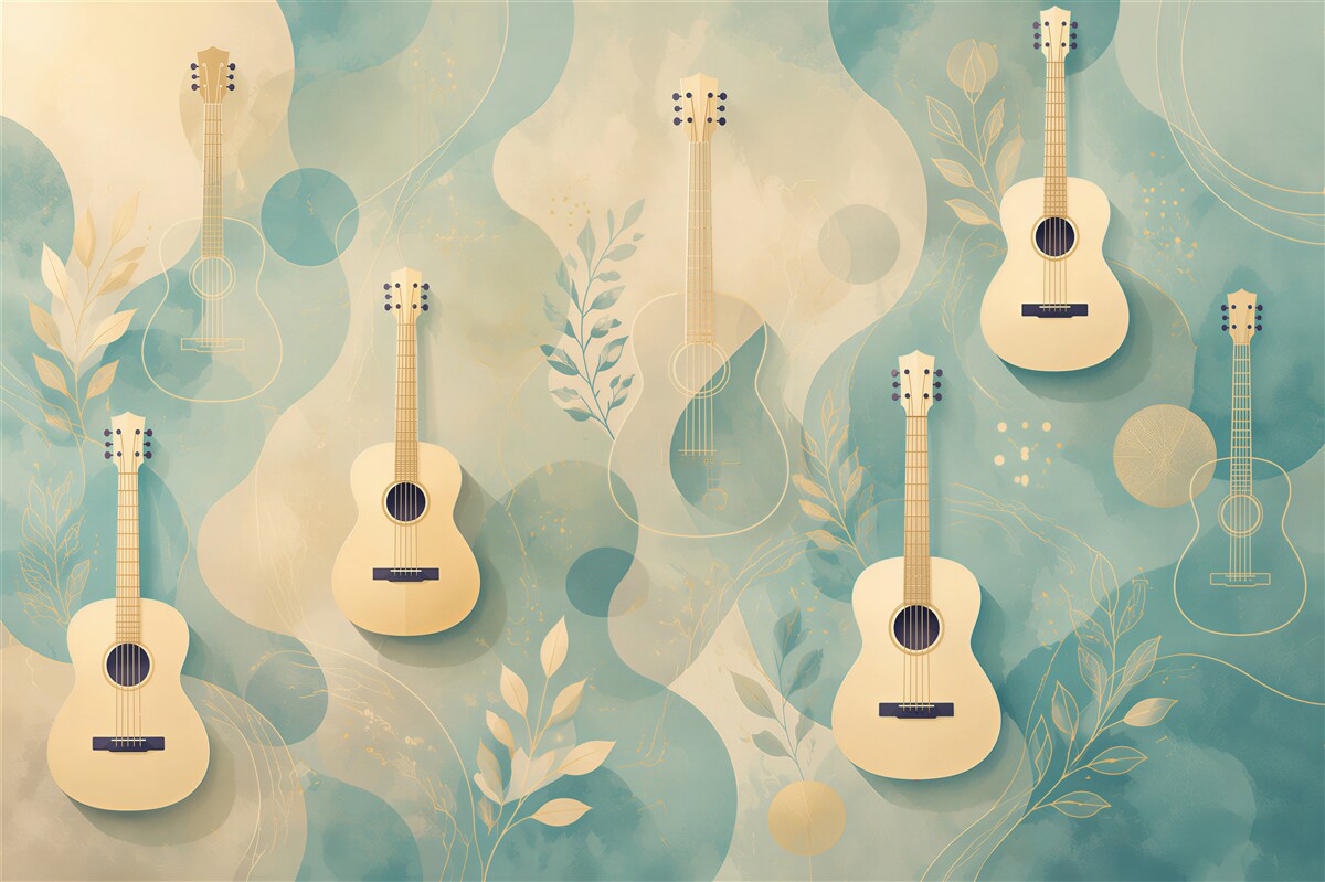Papier peint guitares acoustiques sur fond turquoise artistique pour chambre musicale