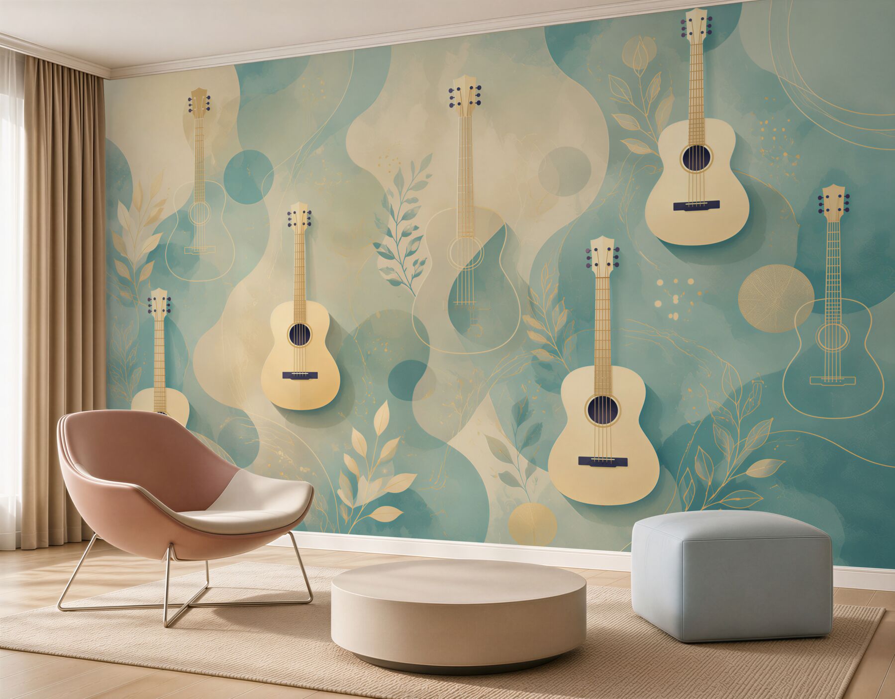 Papier peint guitares acoustiques sur fond turquoise artistique pour chambre musicale