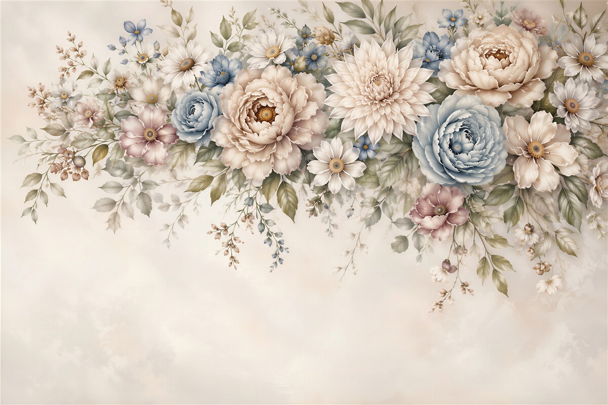 Papier peint fleurs pastel beige et bleu romantique pour la chambre ou le salon