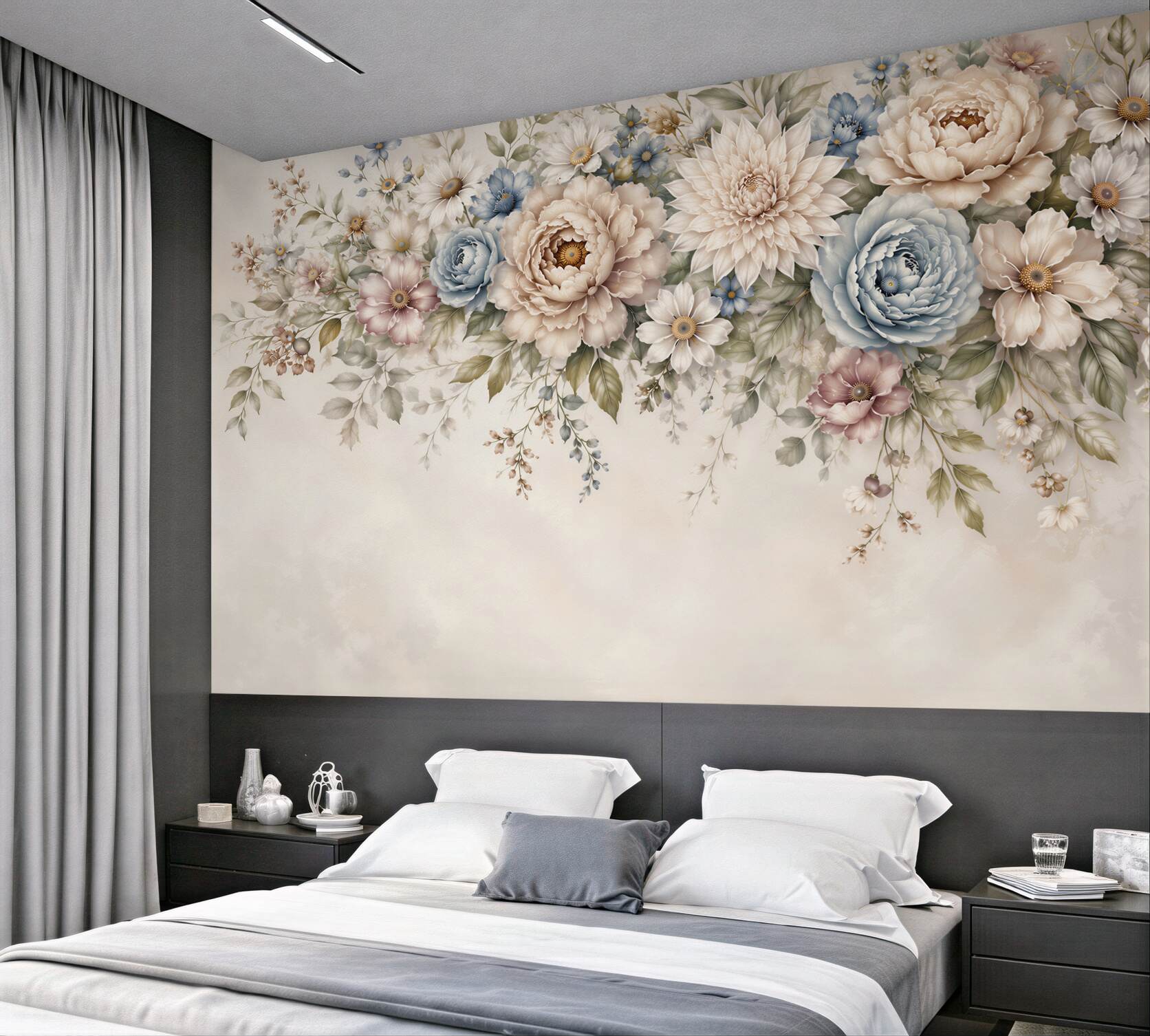 Papier peint fleurs pastel beige et bleu romantique pour la chambre ou le salon