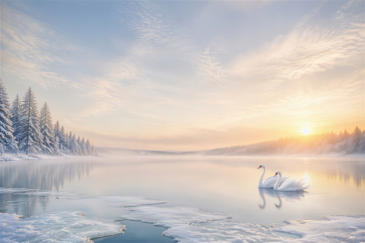 Papier peint paysage d'hiver avec des cygnes sur le lac au lever du soleil