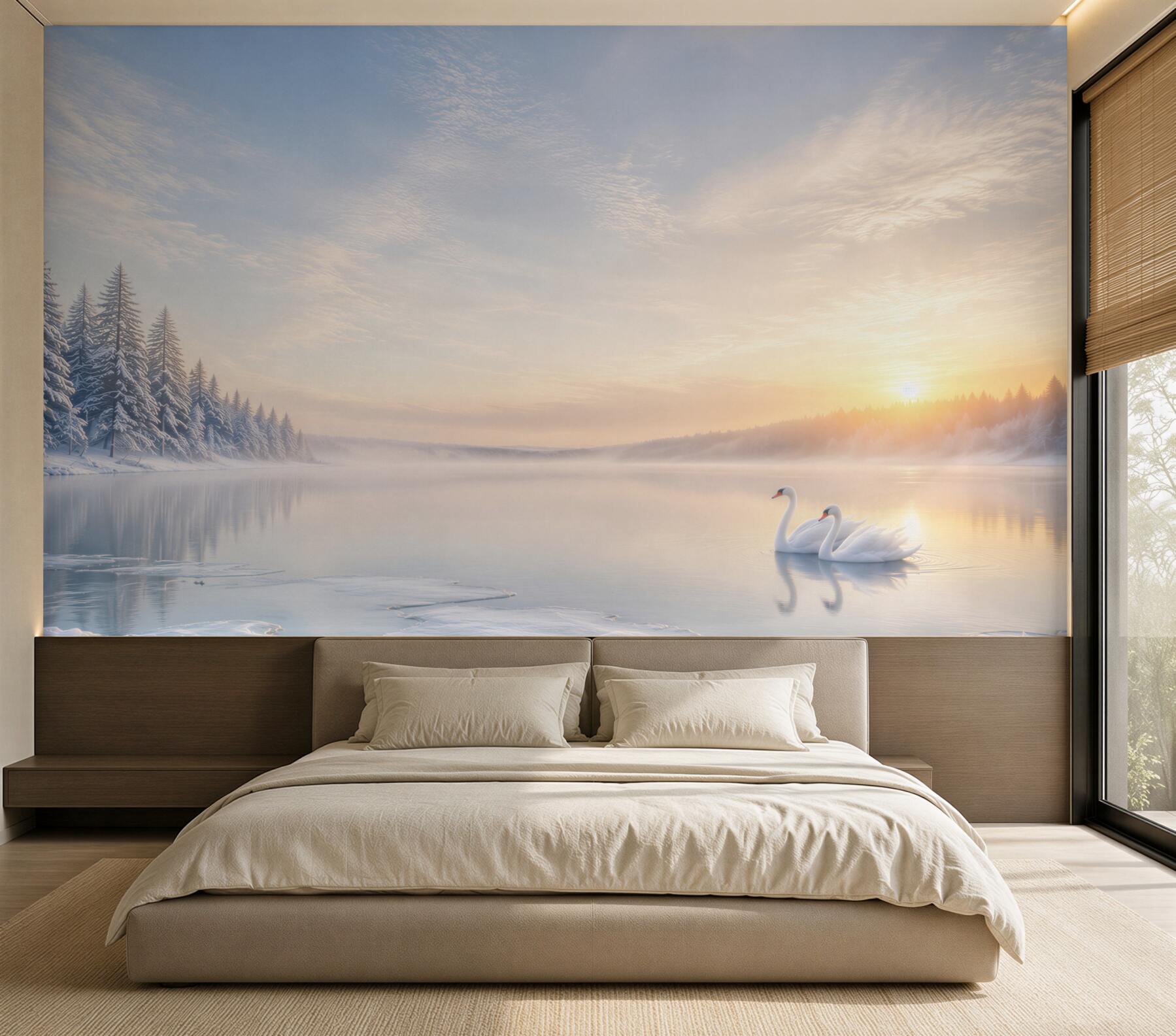 Papier peint paysage d'hiver avec des cygnes sur le lac au lever du soleil