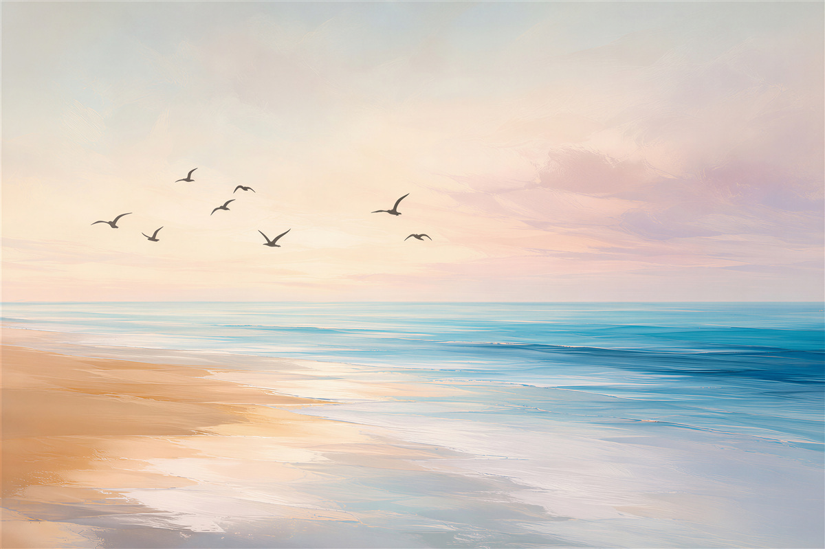 Papier peint plage paisible au lever du soleil avec des oiseaux volant