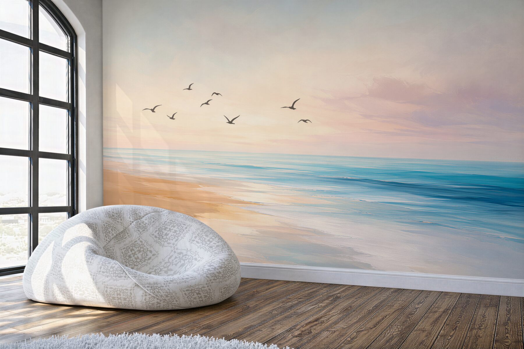 Papier peint plage paisible au lever du soleil avec des oiseaux volant