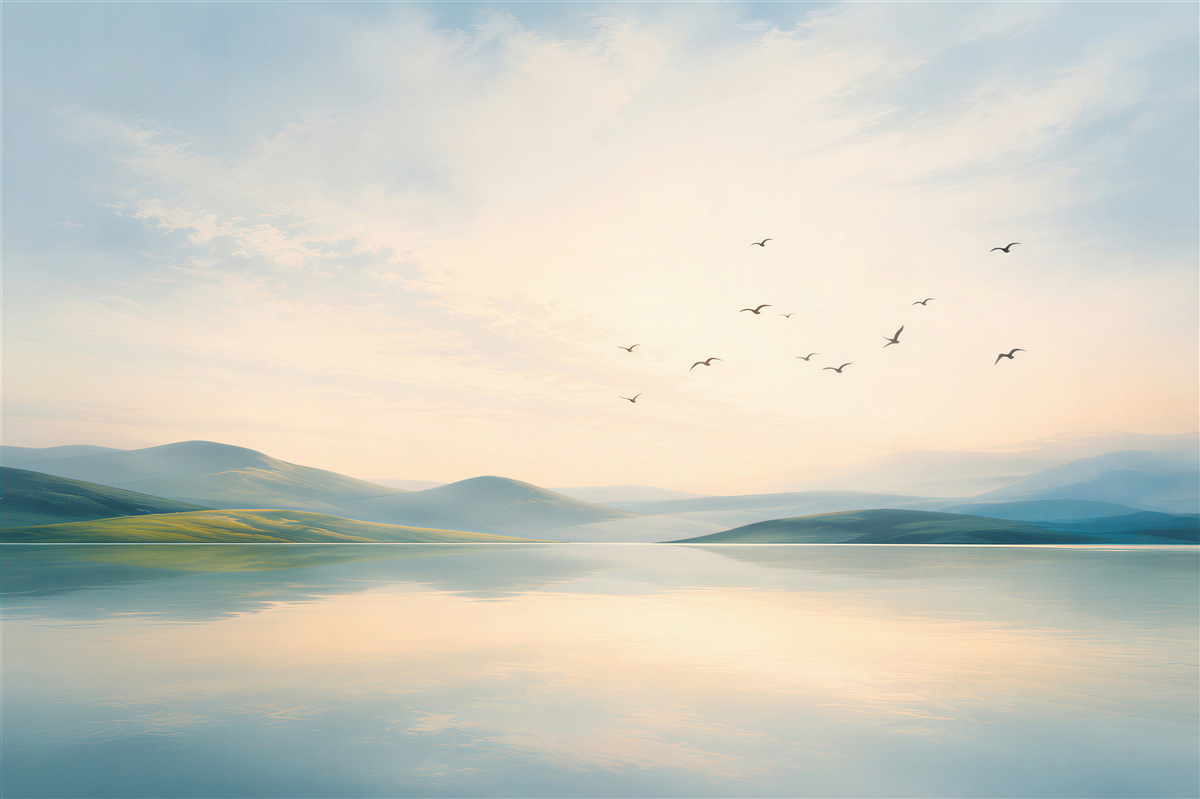 Papier peint lac et montagnes à l'aube avec des oiseaux en couleurs pastel