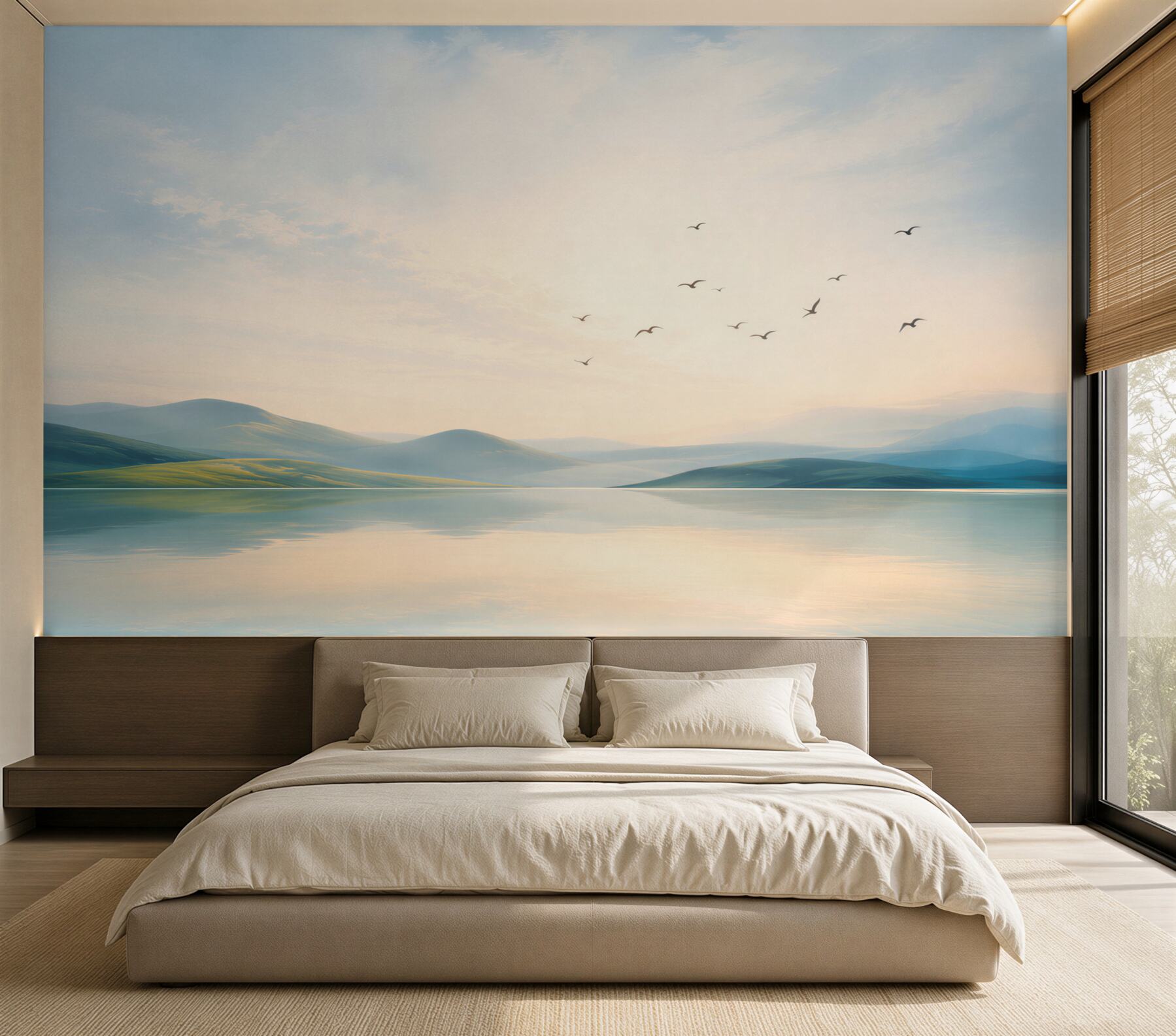 Papier peint lac et montagnes à l'aube avec des oiseaux en couleurs pastel