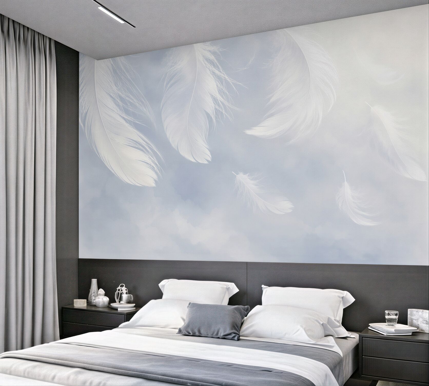 Papier peint plumes blanches sur fond bleu léger et délicat