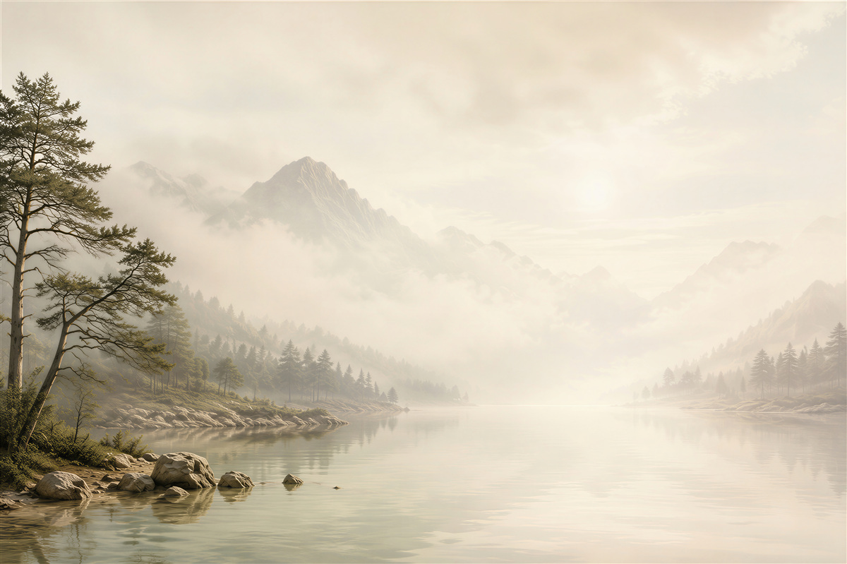 Papier peint montagnes dans le brouillard au-dessus d'un lac paysage paisible en tons beiges