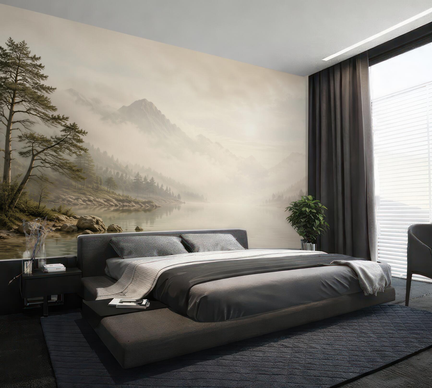 Papier peint montagnes dans le brouillard au-dessus d'un lac paysage paisible en tons beiges