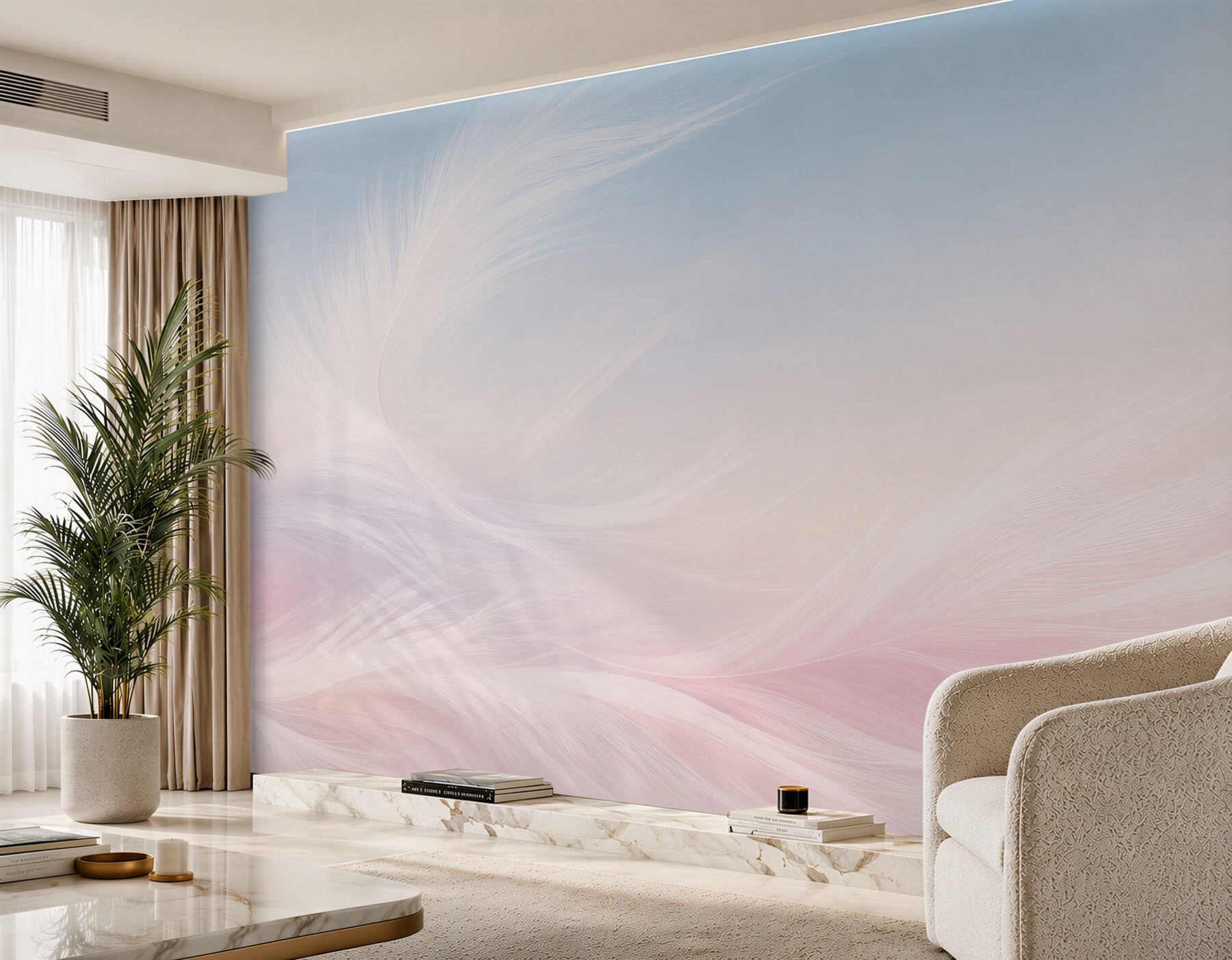 Papier peint délicates plumes pastel roses et bleues pour la chambre