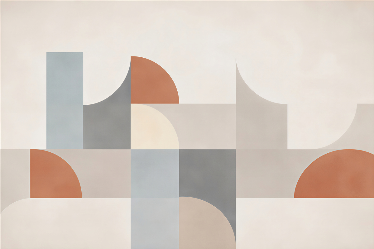 Papier peint abstraction géométrique beige avec de la terre cuite et du bleu