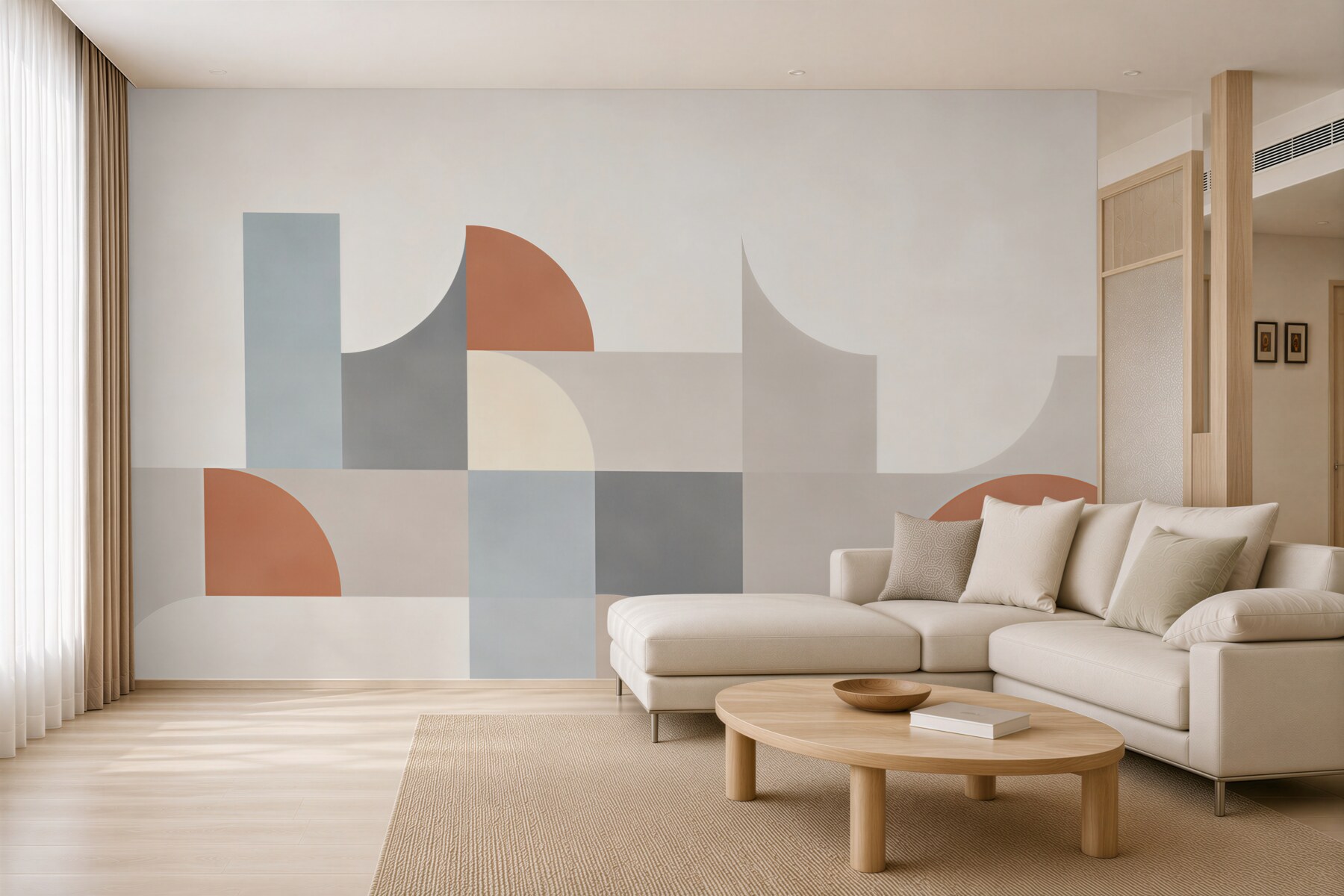 Papier peint abstraction géométrique beige avec de la terre cuite et du bleu
