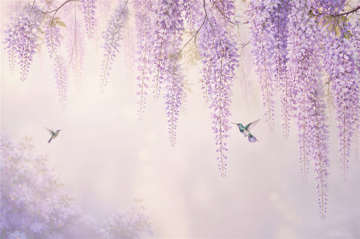 Papier peint glycine lilas avec colibris romantique pour la chambre