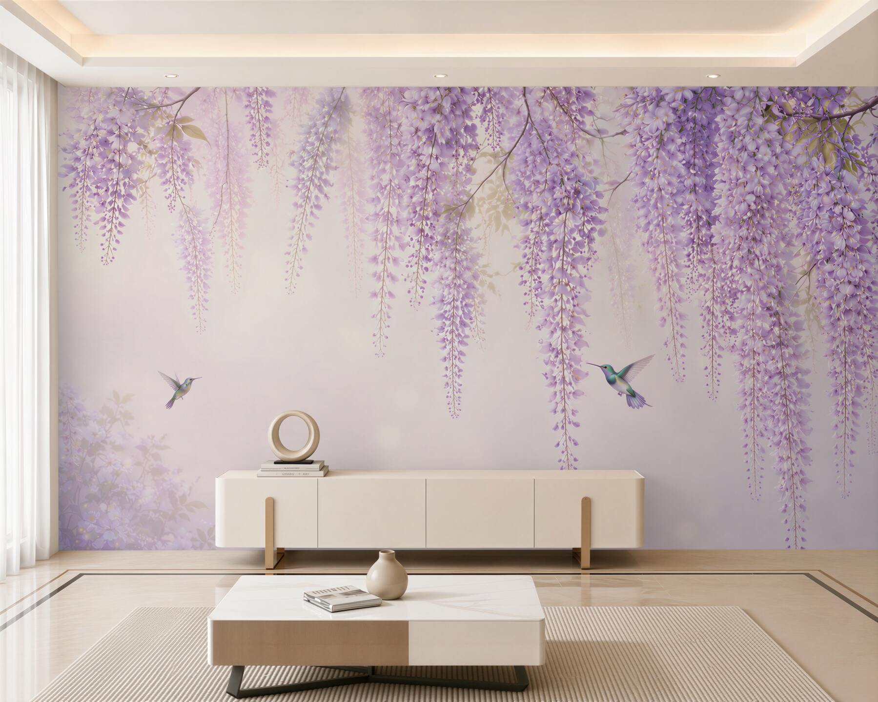 Papier peint glycine lilas avec colibris romantique pour la chambre
