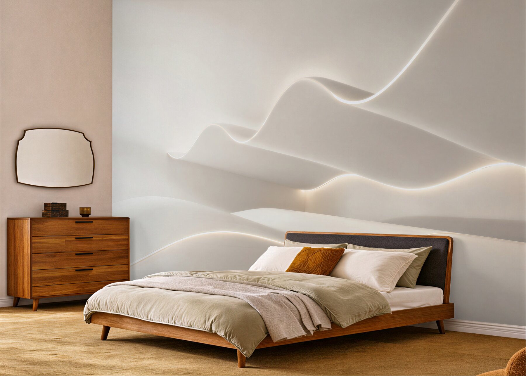 Papier peint vagues lumineuses abstraites beiges modernes 3D