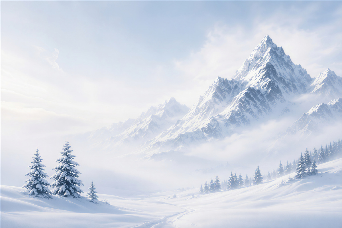 Papier peint montagnes enneigées dans le brouillard paysage d'hiver