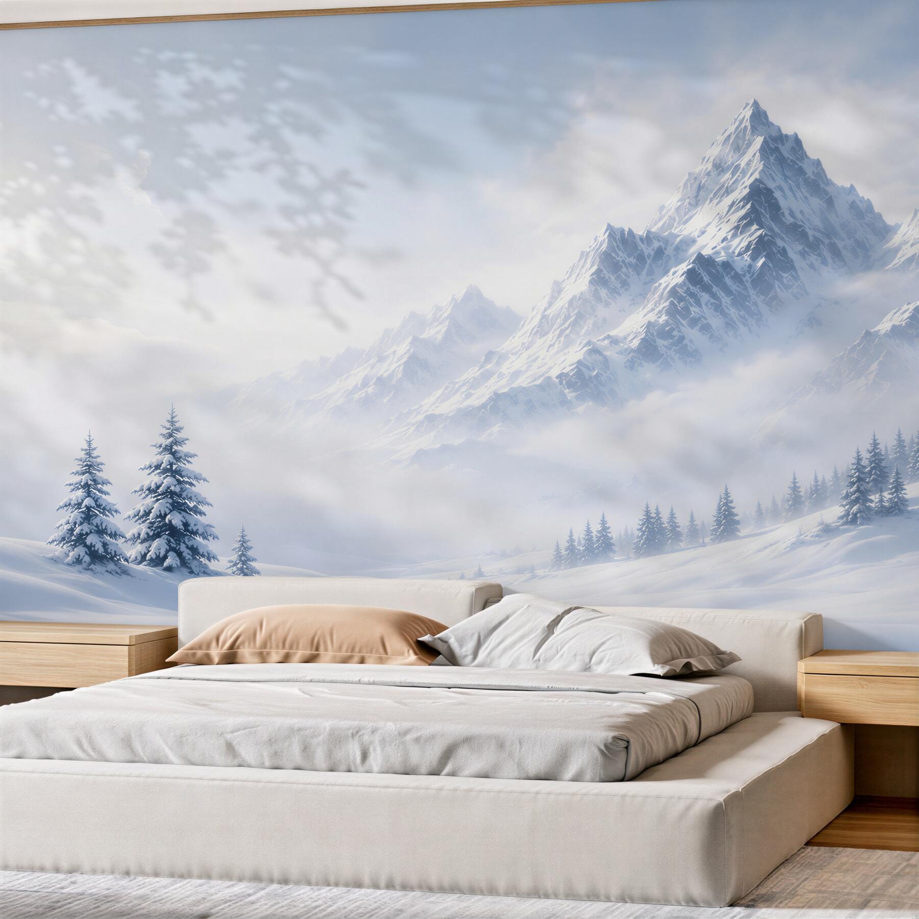 Papier peint montagnes enneigées dans le brouillard paysage d'hiver