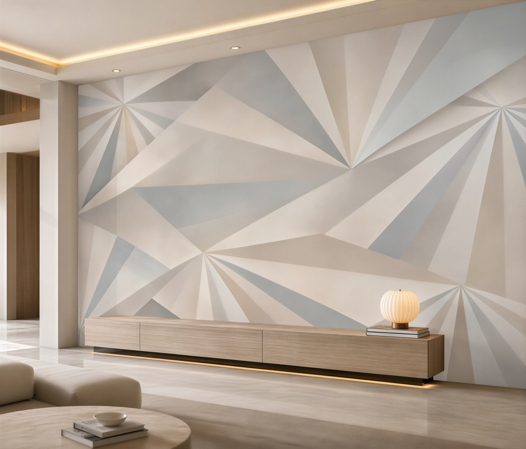 Papier peint abstraction géométrique gris-beige avec motif radieux 3D