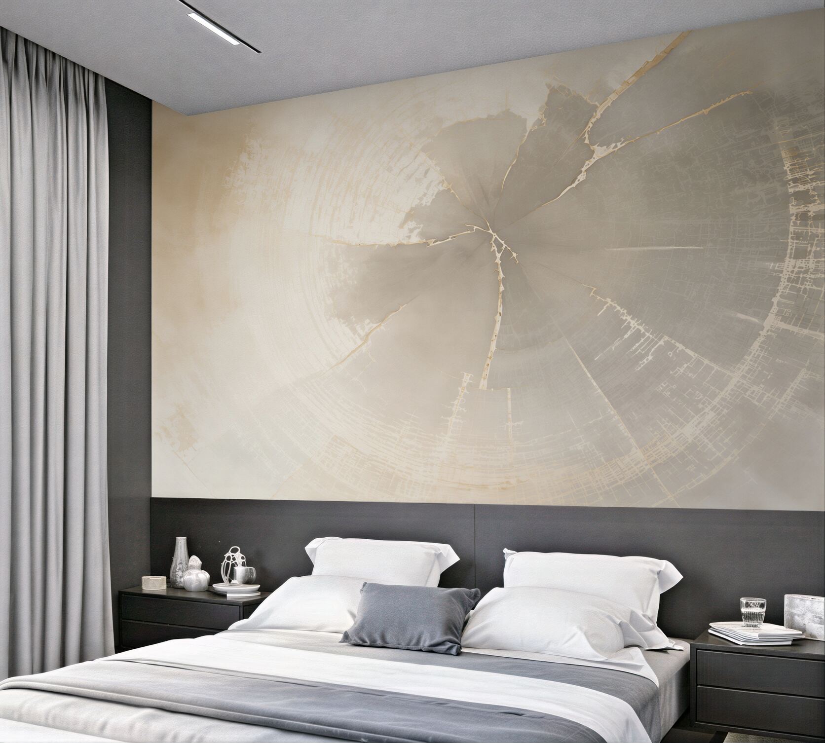 Papier peint motifs de bois abstraits beige-gris avec un léger accent doré