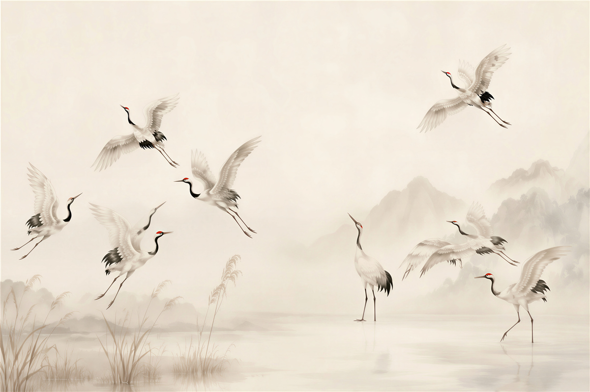 Papier peint grues au-dessus du lac dans un style oriental beige paisible