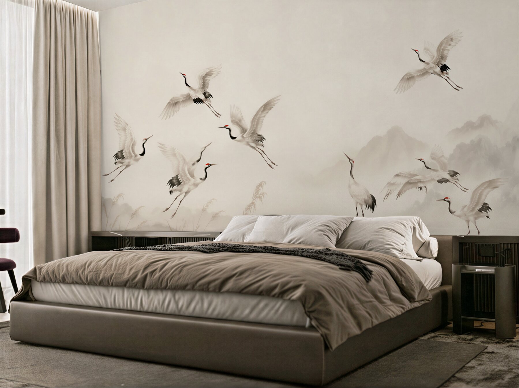 Papier peint grues au-dessus du lac dans un style oriental beige paisible