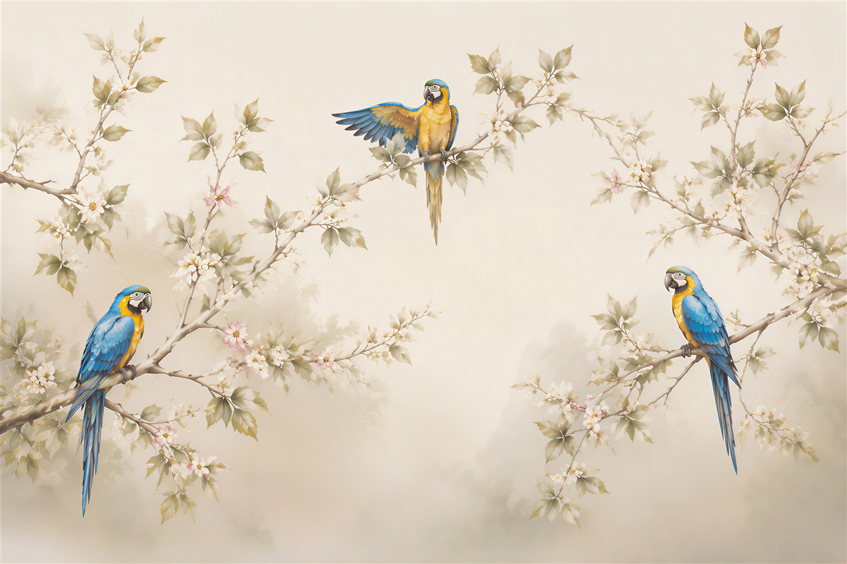 Papier peint perroquets sur des branches fleuries beige élégant oriental