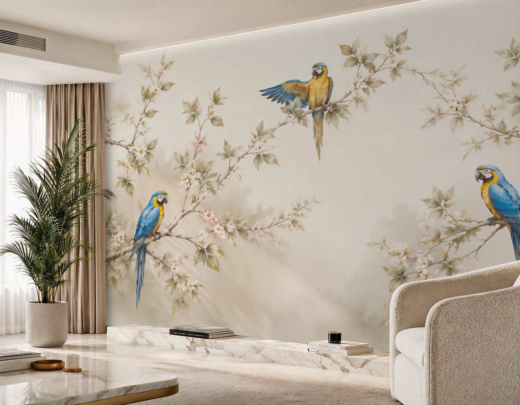 Papier peint perroquets sur des branches fleuries beige élégant oriental