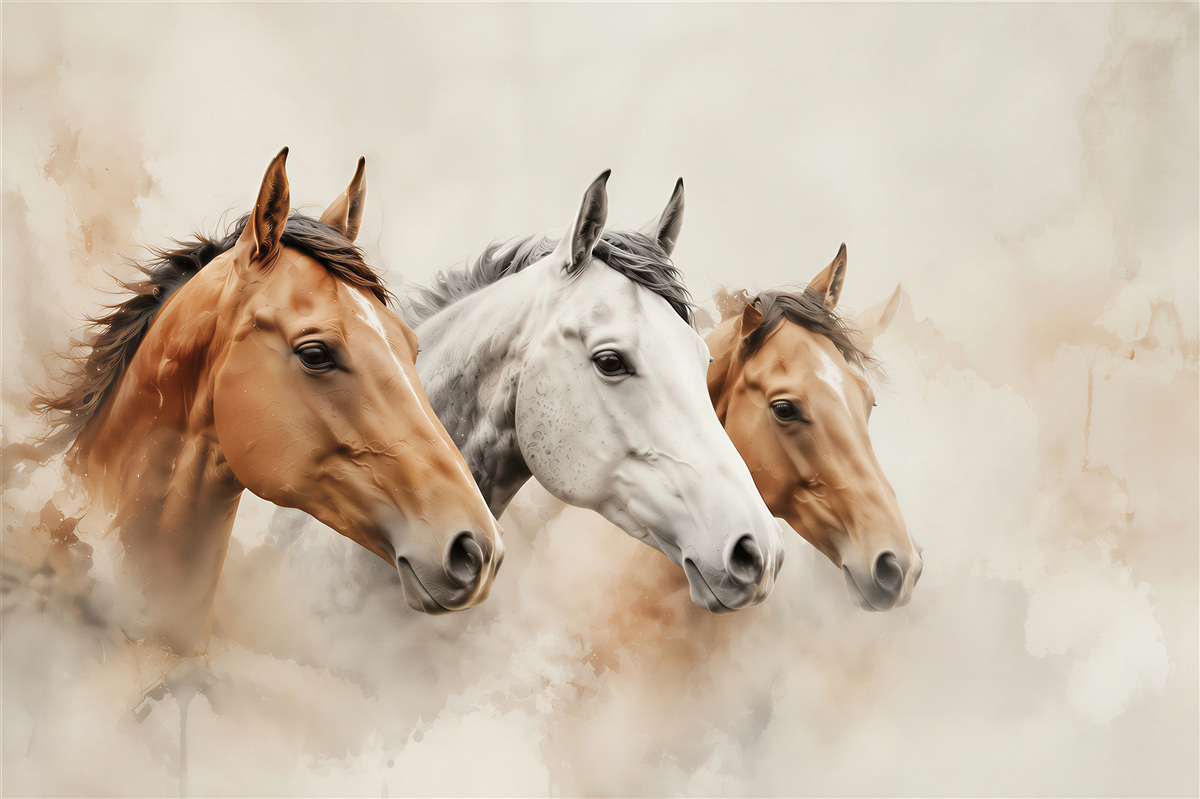 Papier peint trois chevaux aquarelle dans des tons beiges pour salon