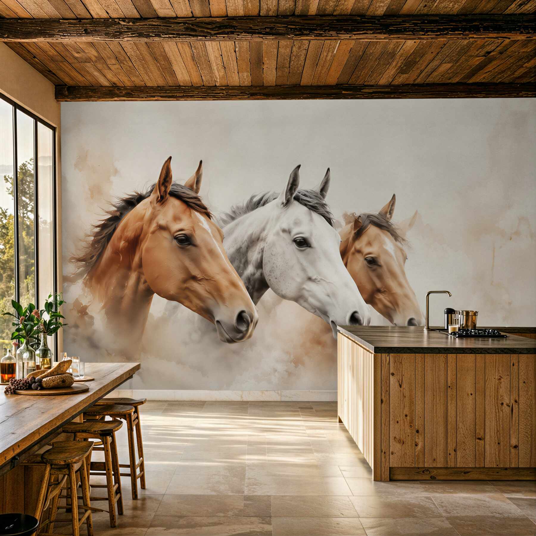 Papier peint trois chevaux aquarelle dans des tons beiges pour salon