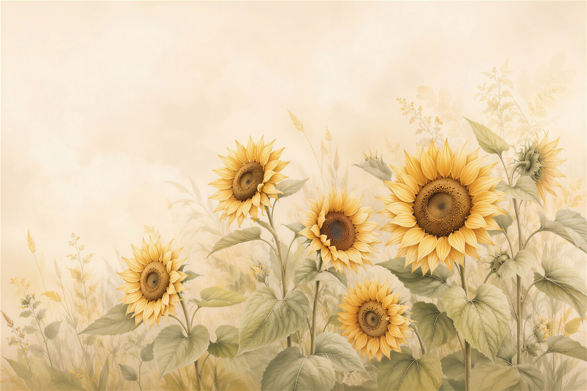 Papier peint tournesols jaunes sur fond beige pour un intérieur chaleureux