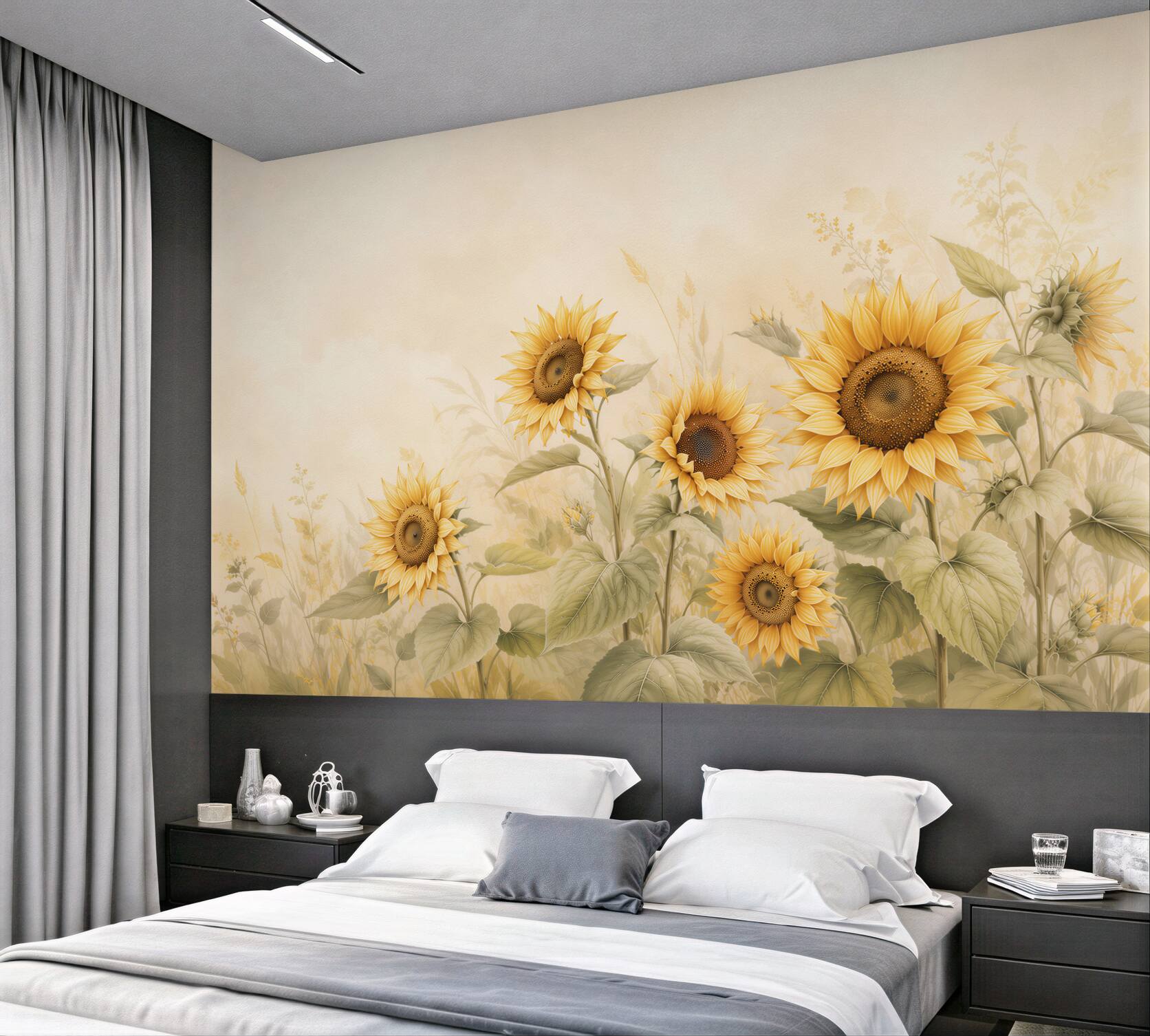 Papier peint tournesols jaunes sur fond beige pour un intérieur chaleureux