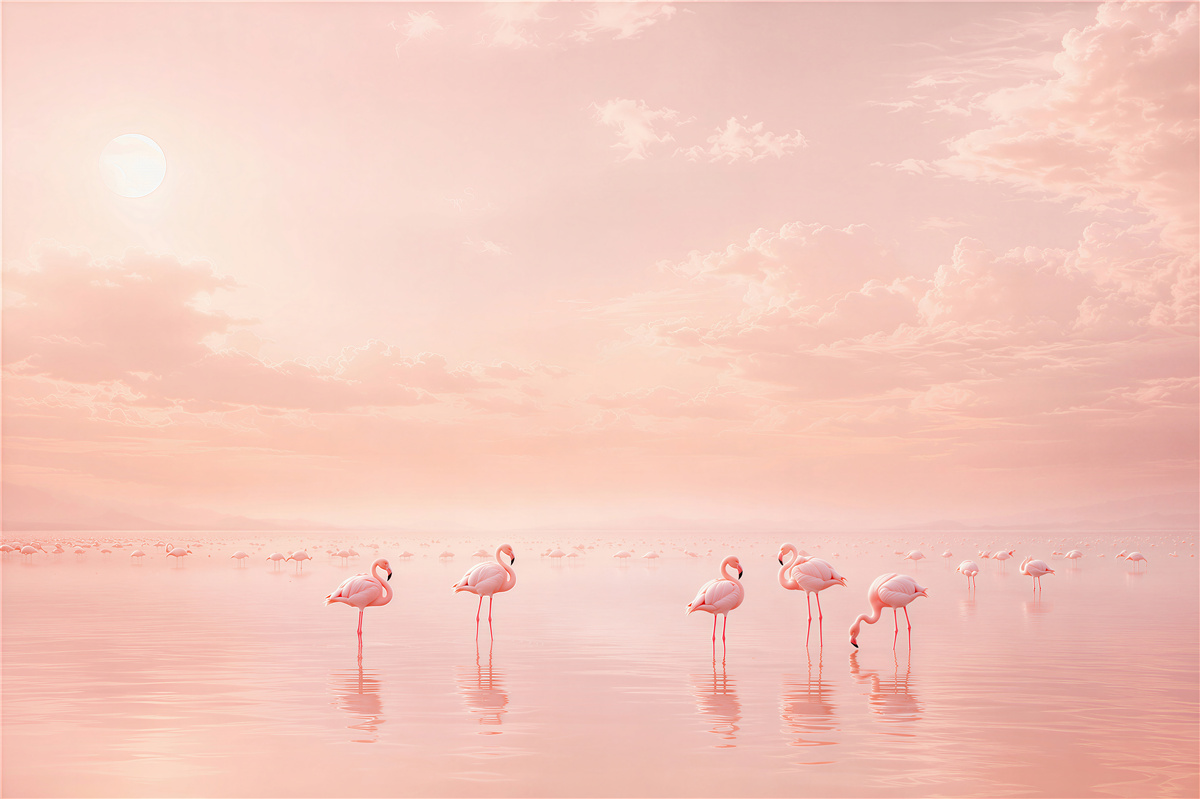 Papier peint flamants rosa sur eau calme pastel