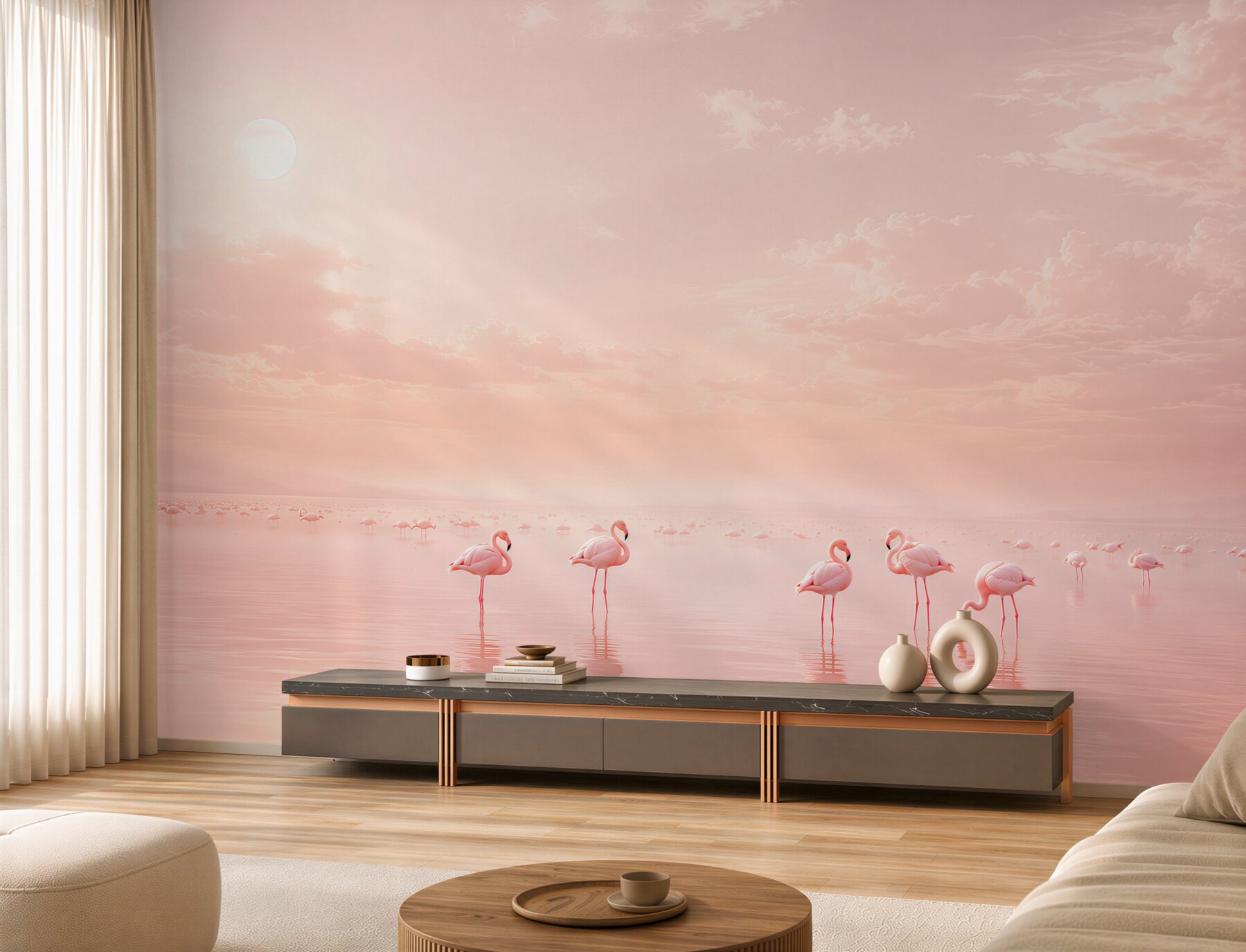 Papier peint flamants rosa sur eau calme pastel