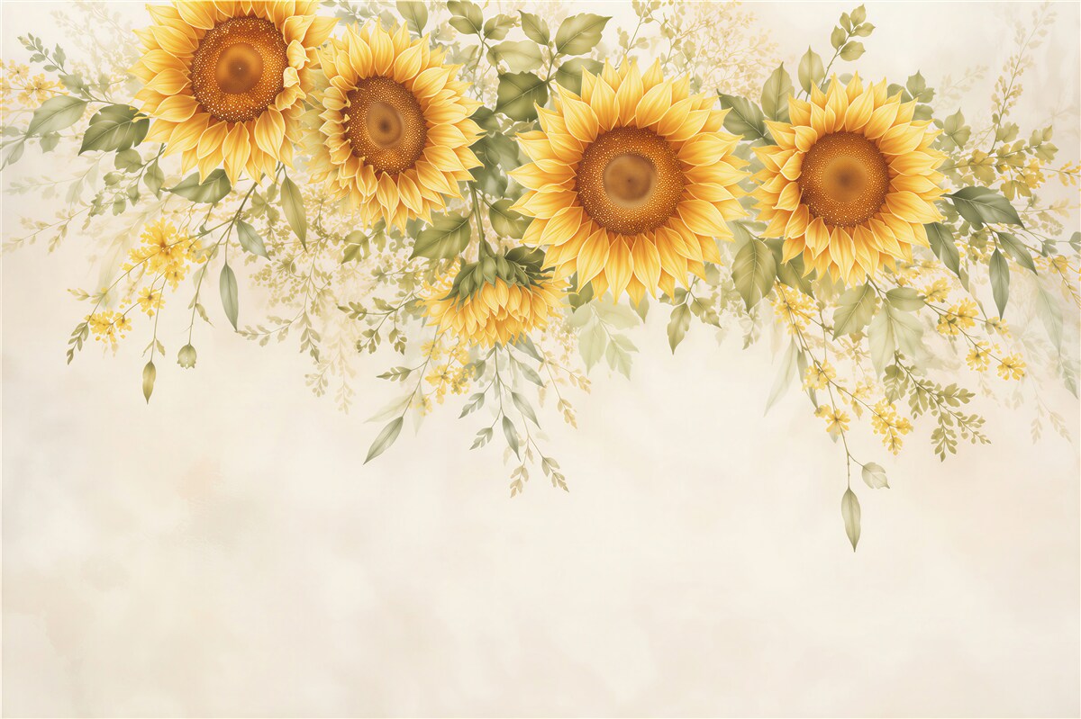 Papier peint tournesols avec feuilles vertes sur fond clair