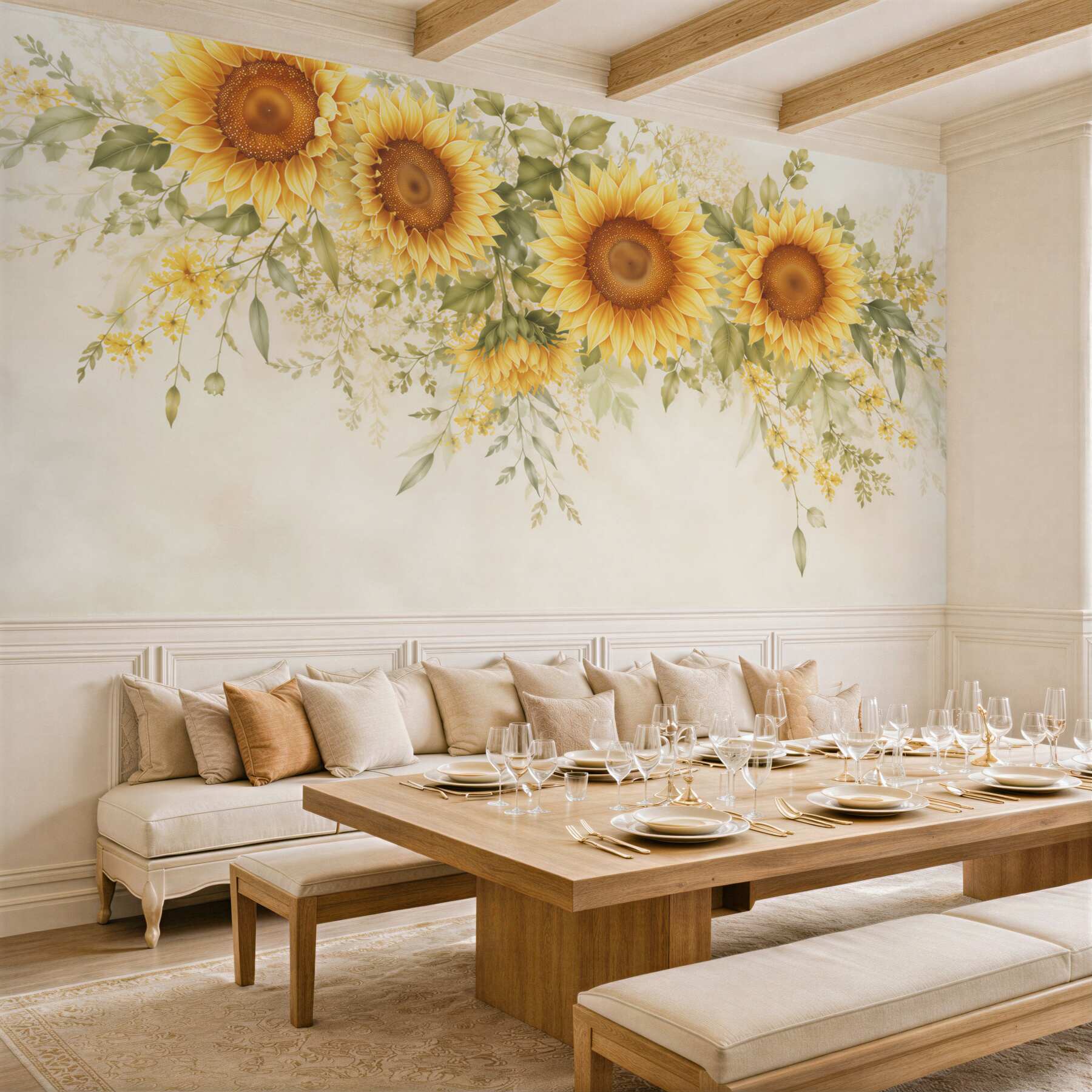 Papier peint tournesols avec feuilles vertes sur fond clair