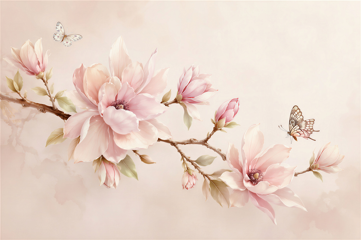 Papier peint magnolias roses avec des papillons sur fond beige délicat