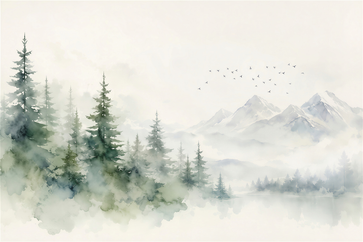 Papier peint montagnes dans le brouillard avec forêt de pins aquarelle
