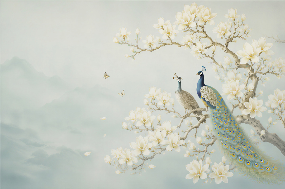 Papier peint paons sur une branche de magnolia orientale aux couleurs vives