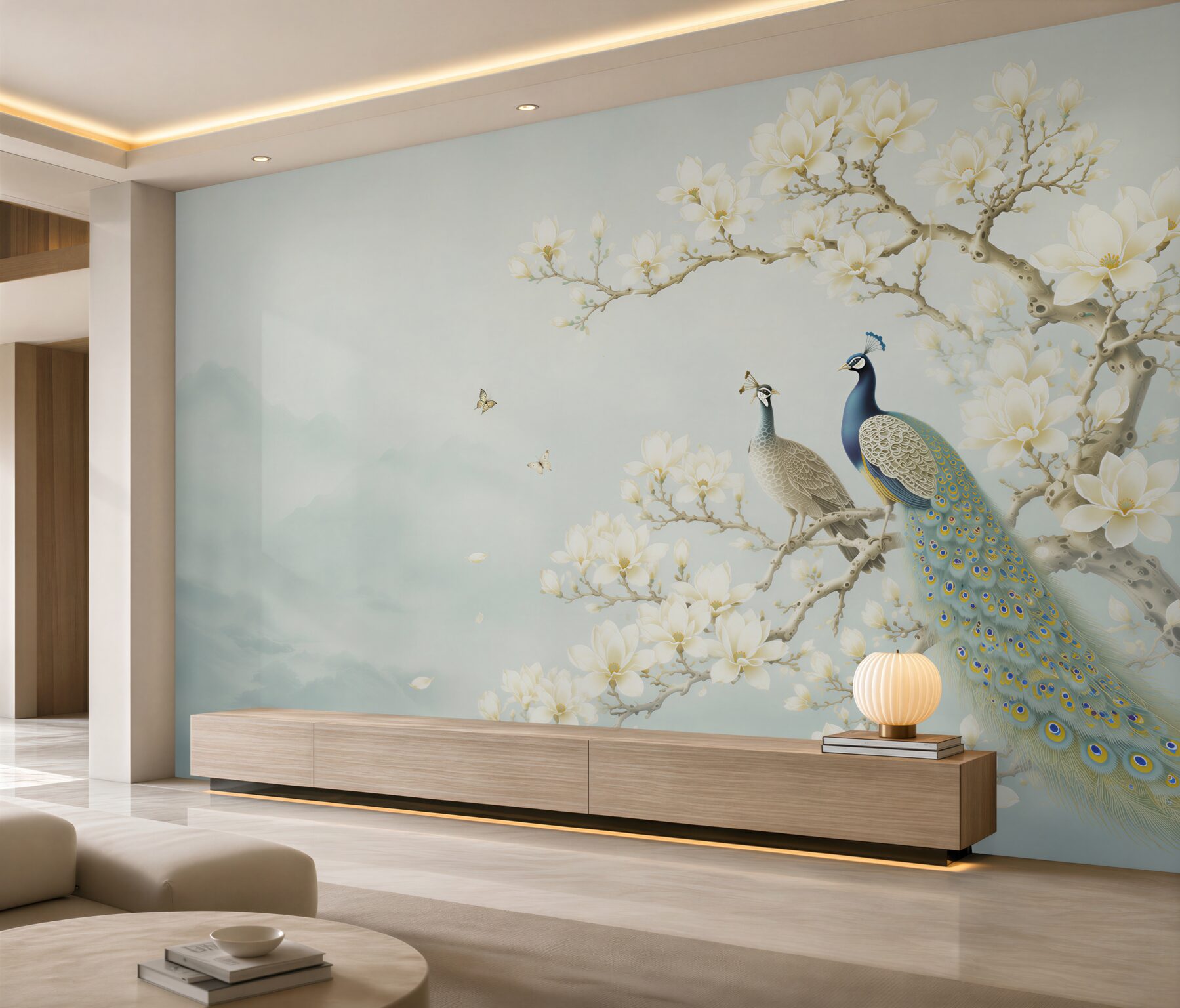 Papier peint paons sur une branche de magnolia orientale aux couleurs vives