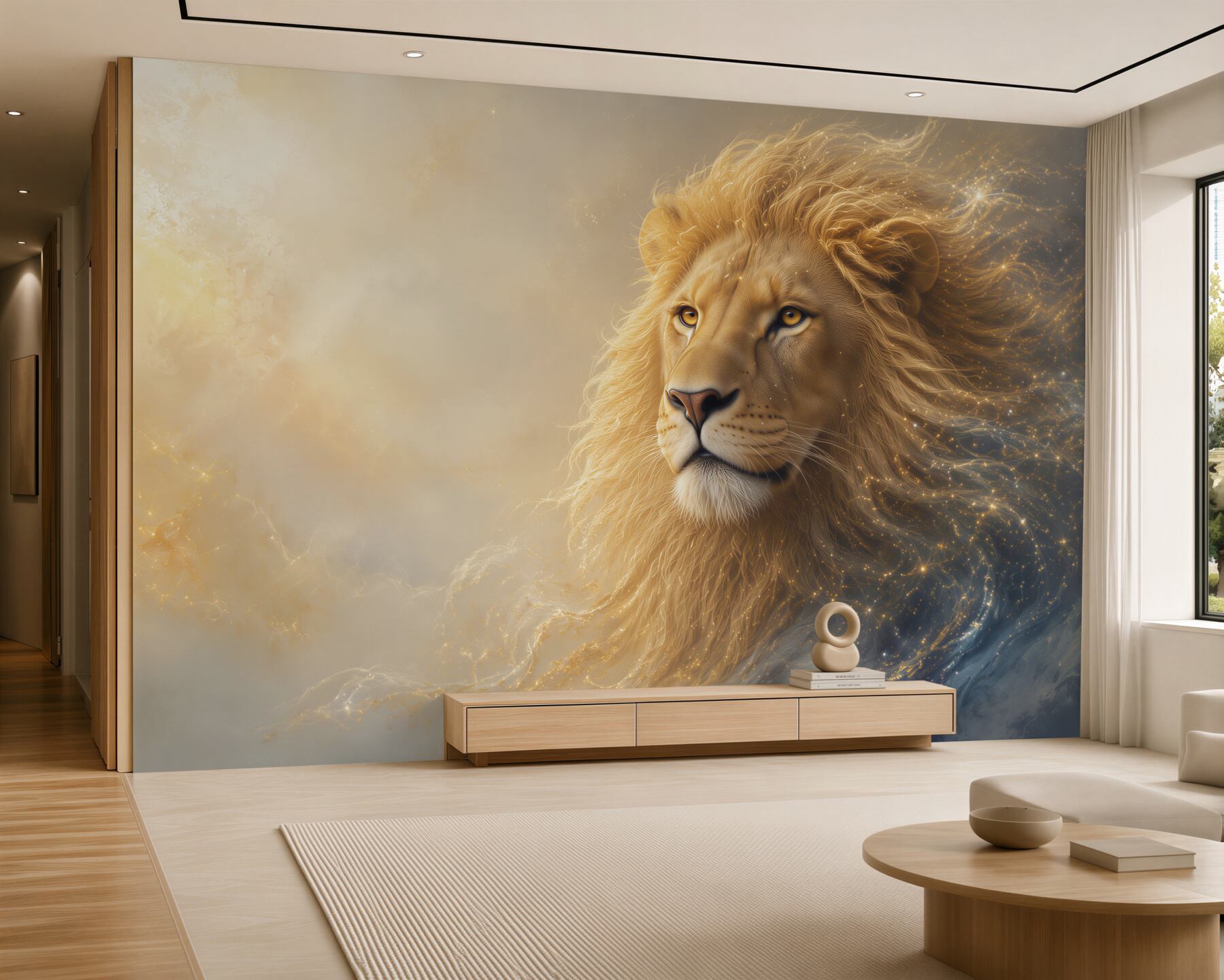 Papier peint lion doré portrait mystique dans une abstraction lumineuse