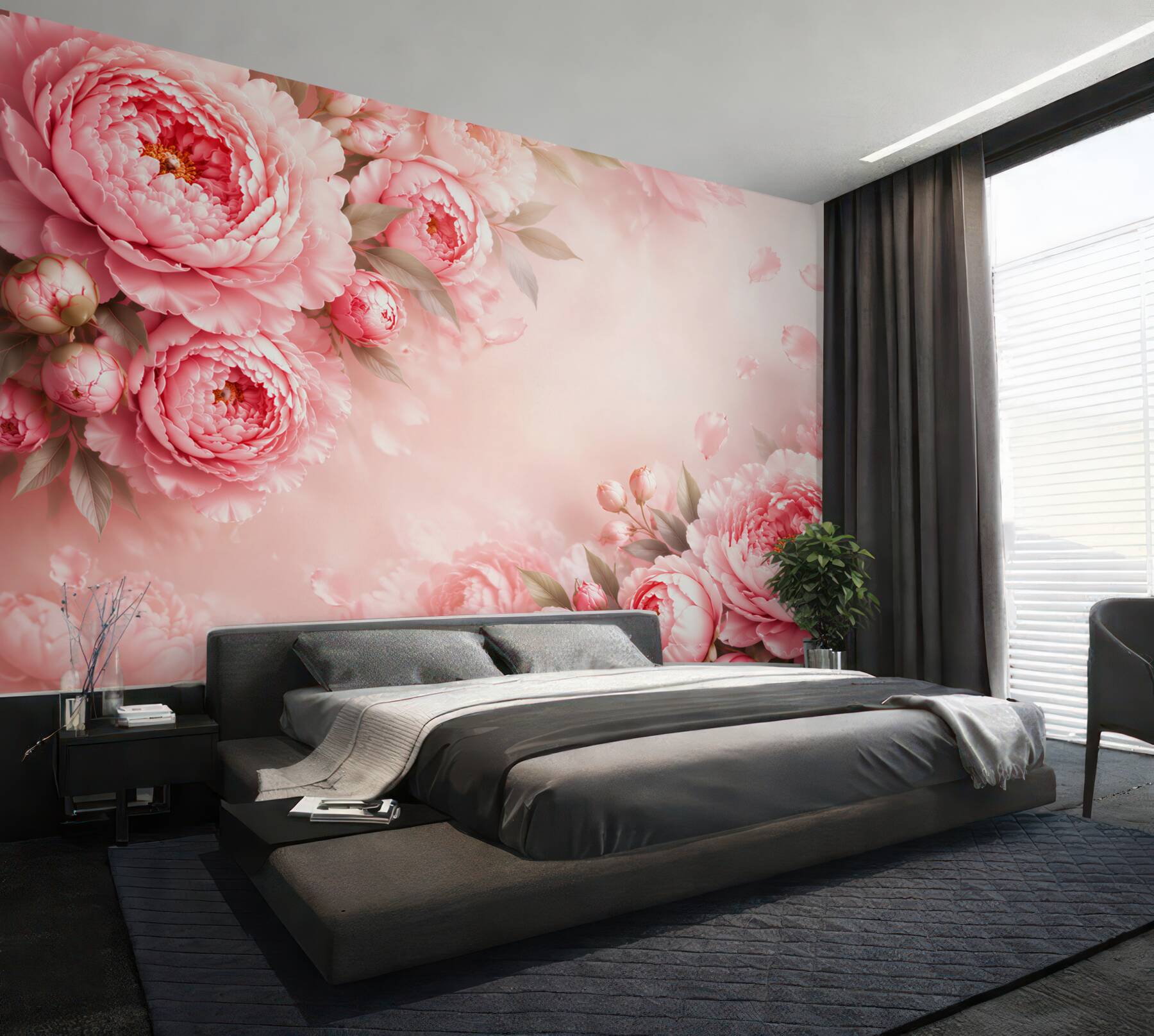 Papier peint pivoines roses sur fond pastel romantique pour la chambre