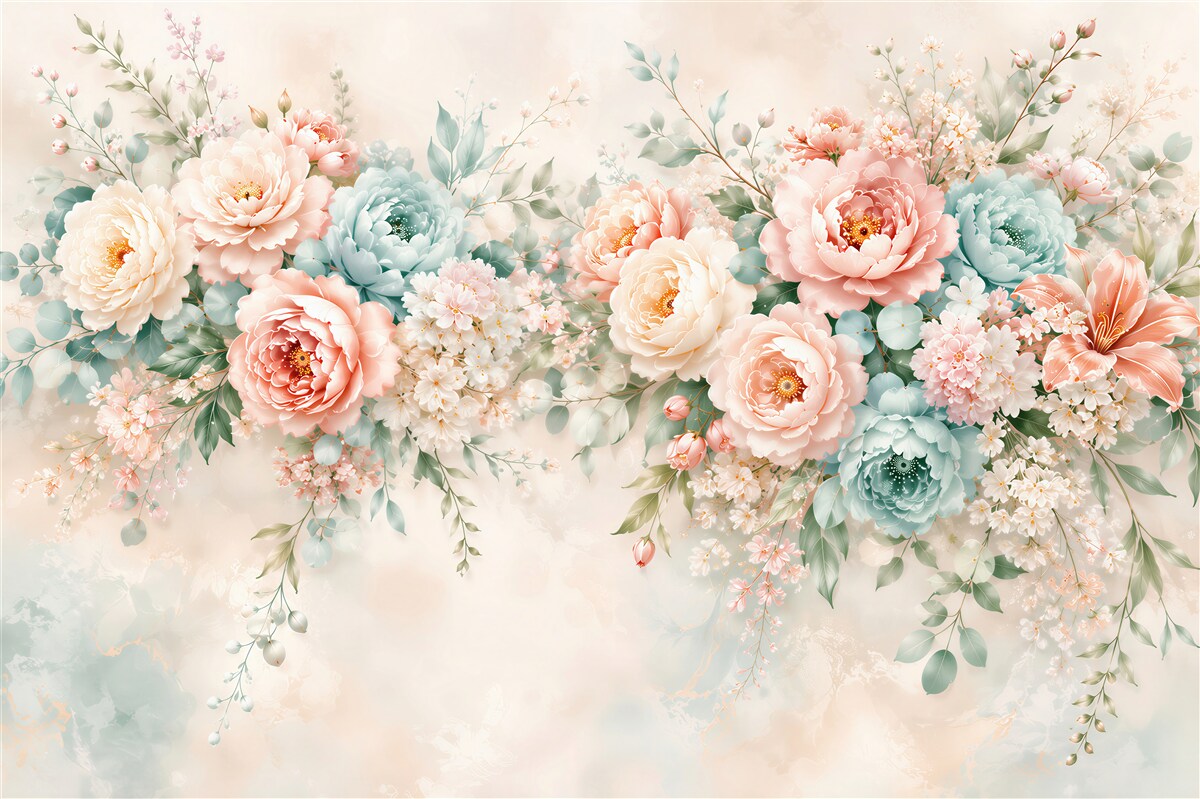 Papier peint fleurs pastel pivoines et roses romantique pour la chambre