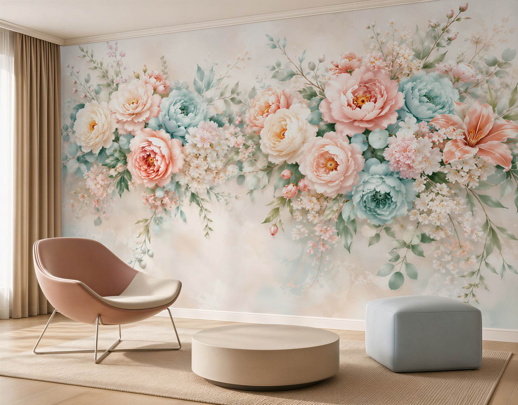 Papier peint fleurs pastel pivoines et roses romantique pour la chambre