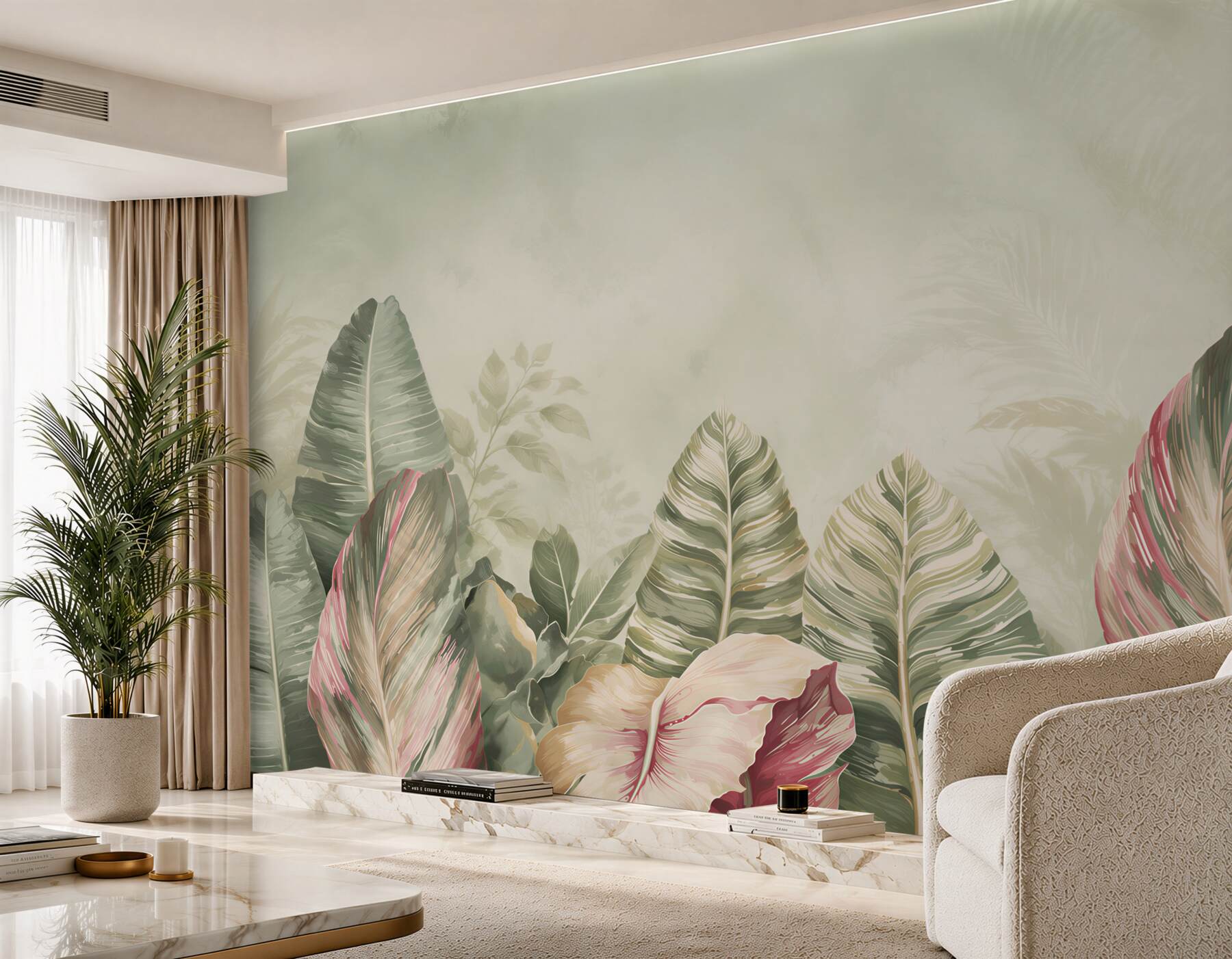 Papier peint feuilles tropicales vertes avec rose botanique pour le salon