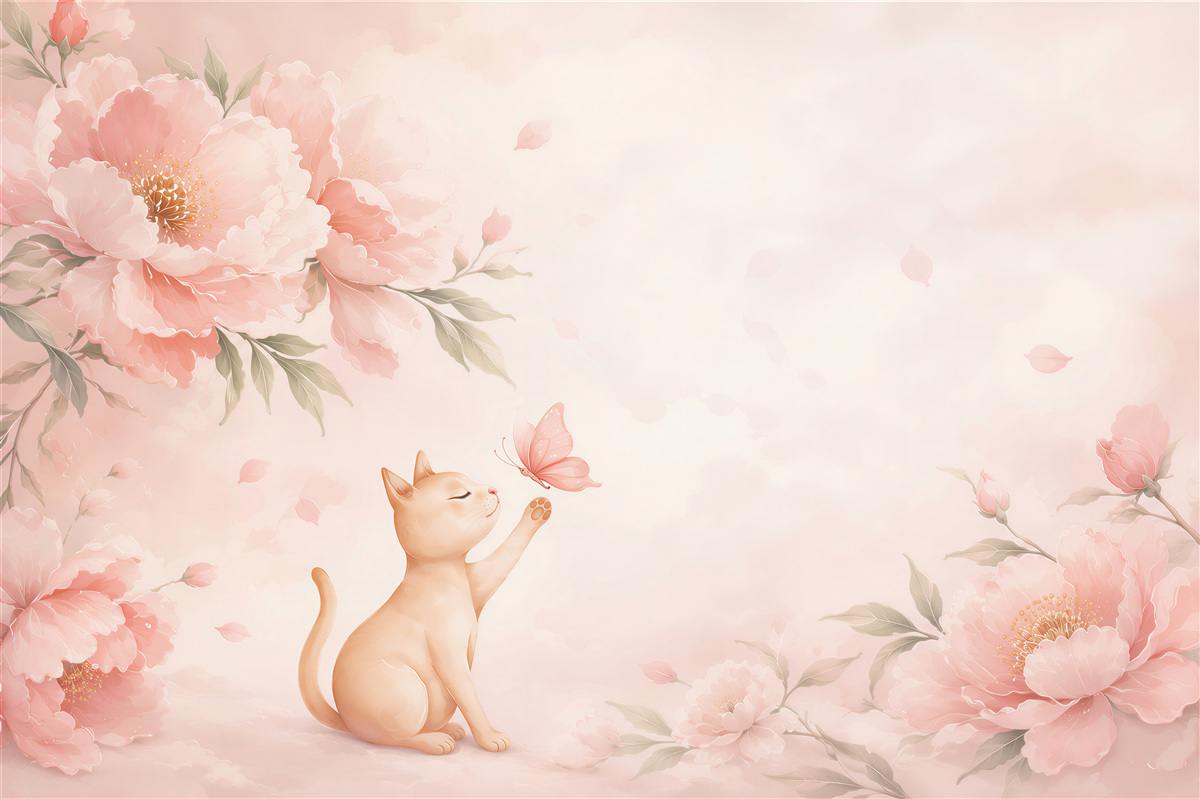 Papier peint chaton avec papillon et pivoines pastel pour la chambre d'enfant