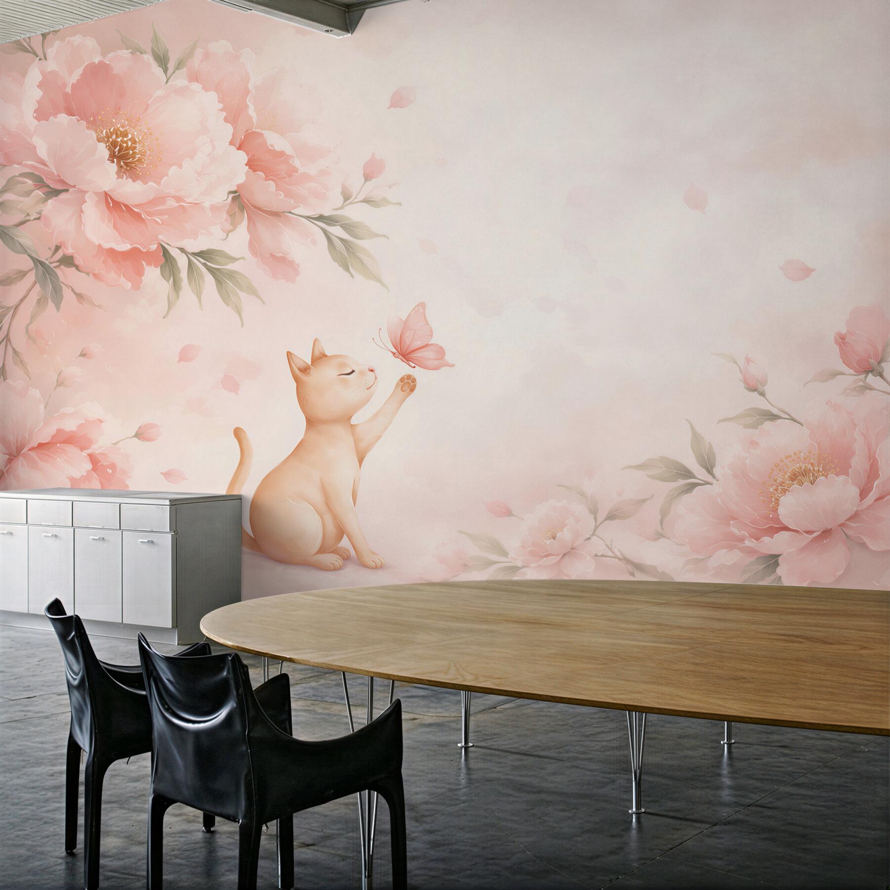 Papier peint chaton avec papillon et pivoines pastel pour la chambre d'enfant