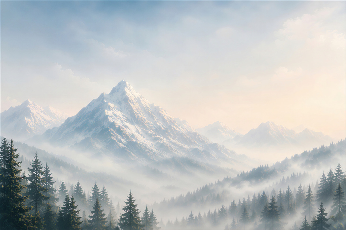 Papier peint montagnes dans le brouillard et forêt de conifères dans des bleus apaisants