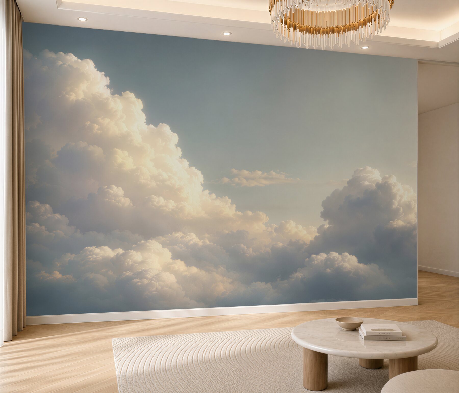 Papier peint nuages dans les rayons du soleil lumineux et relaxant pour le salon